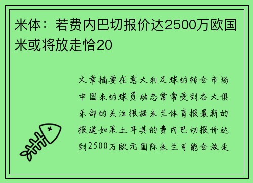 米体：若费内巴切报价达2500万欧国米或将放走恰20