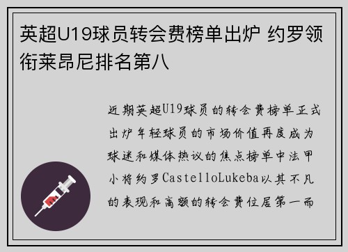 英超U19球员转会费榜单出炉 约罗领衔莱昂尼排名第八