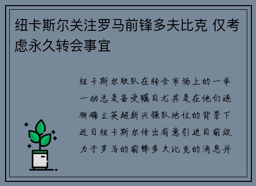 纽卡斯尔关注罗马前锋多夫比克 仅考虑永久转会事宜