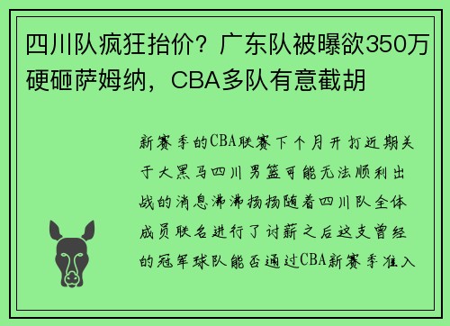 四川队疯狂抬价？广东队被曝欲350万硬砸萨姆纳，CBA多队有意截胡